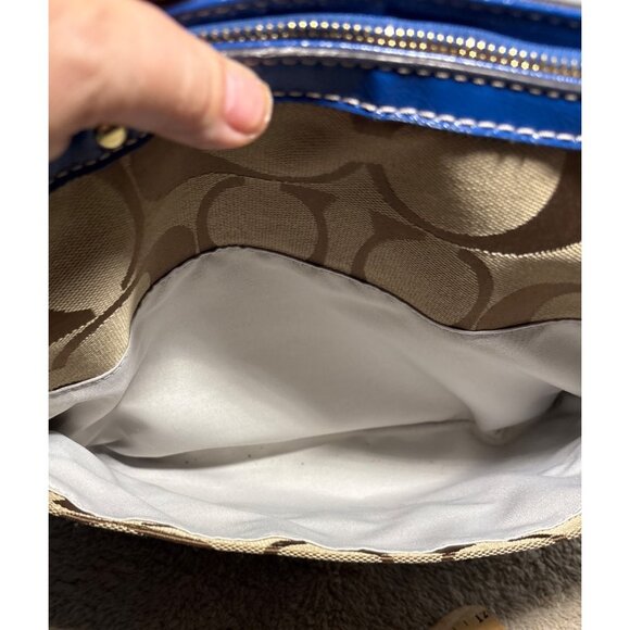 Coach Purse Khaki Signature Blue Stripe Top Zip Tote Shoulder Bag F19046 - Picture 10 of 16